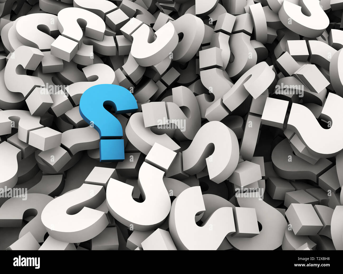 Single blue question mark standing out in a pile. 3D illustration Stock Photo