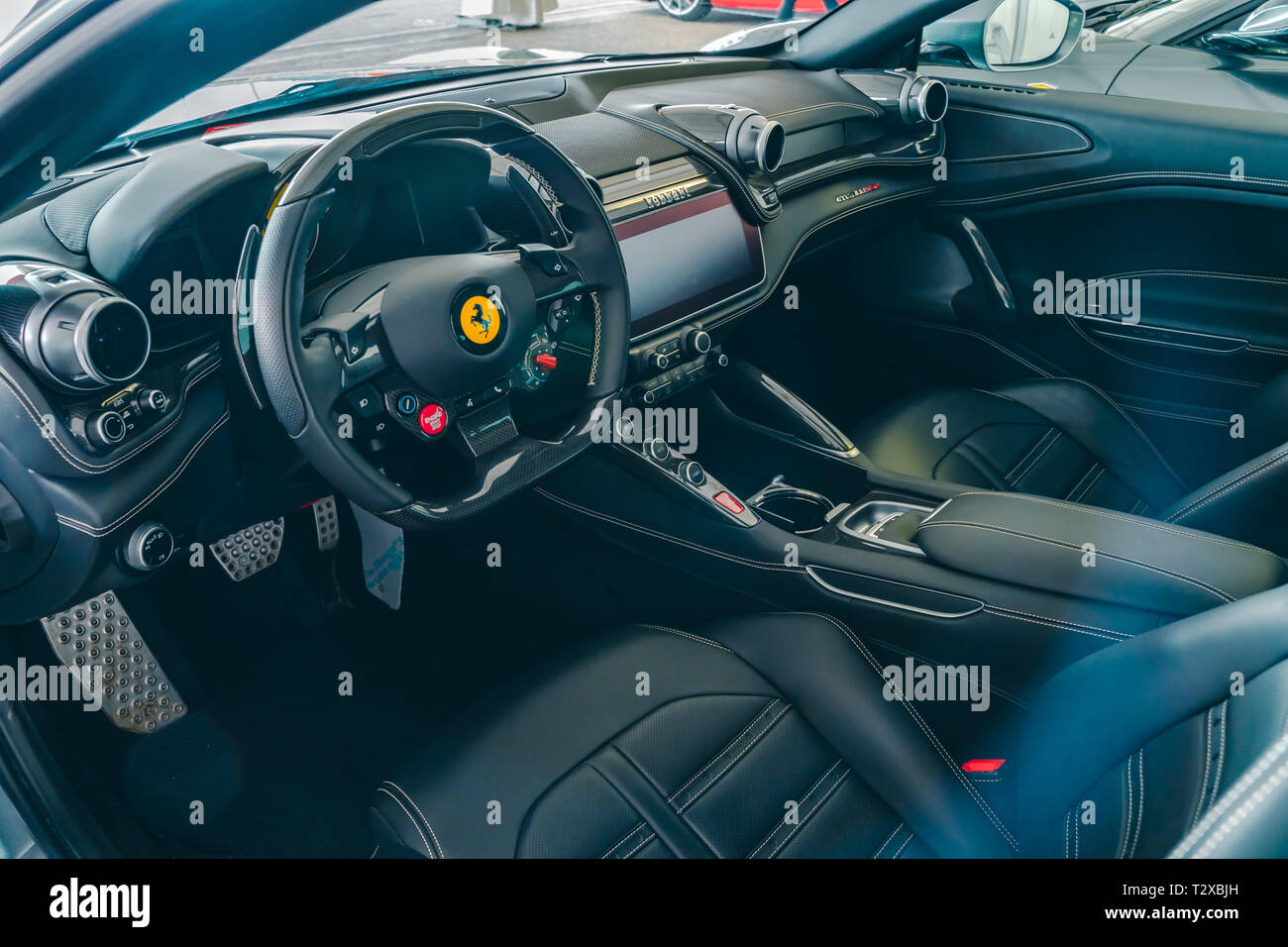 valenciaspain march 30 2019 steering wheel of ferrari f12 berlinetta luxury sport car interior T2XBJH