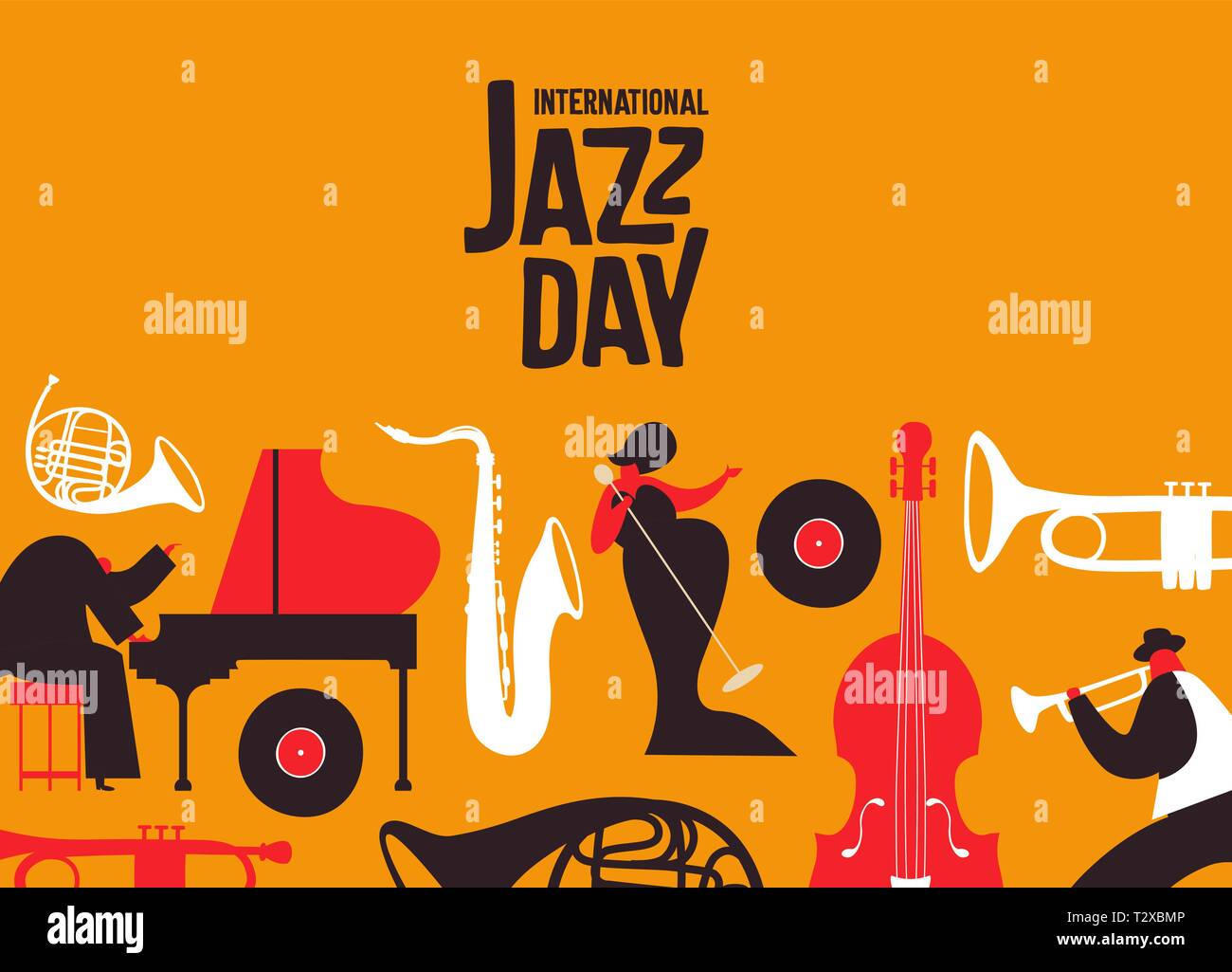 International Jazz Day poster illustration of retro style music instruments and band people for musical concert or festival event. Stock Vector