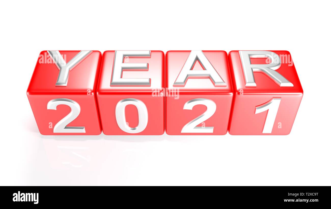 Year 2021 on red cubes - 3D rendering Stock Photo