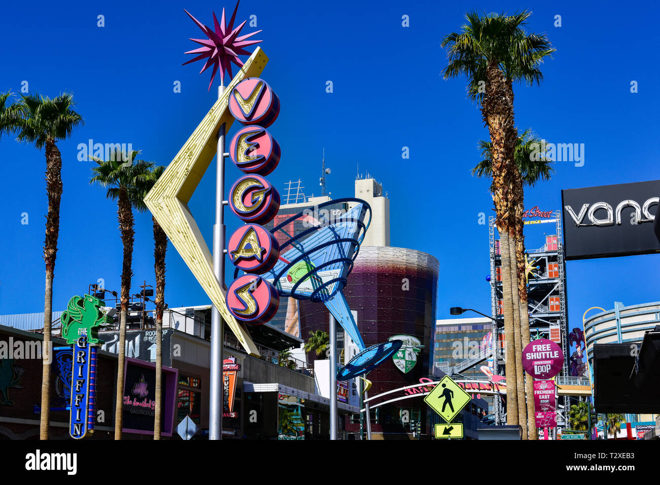 Neon signs in daylight on Fremont Street in downtown Las Vegas Stock Photo