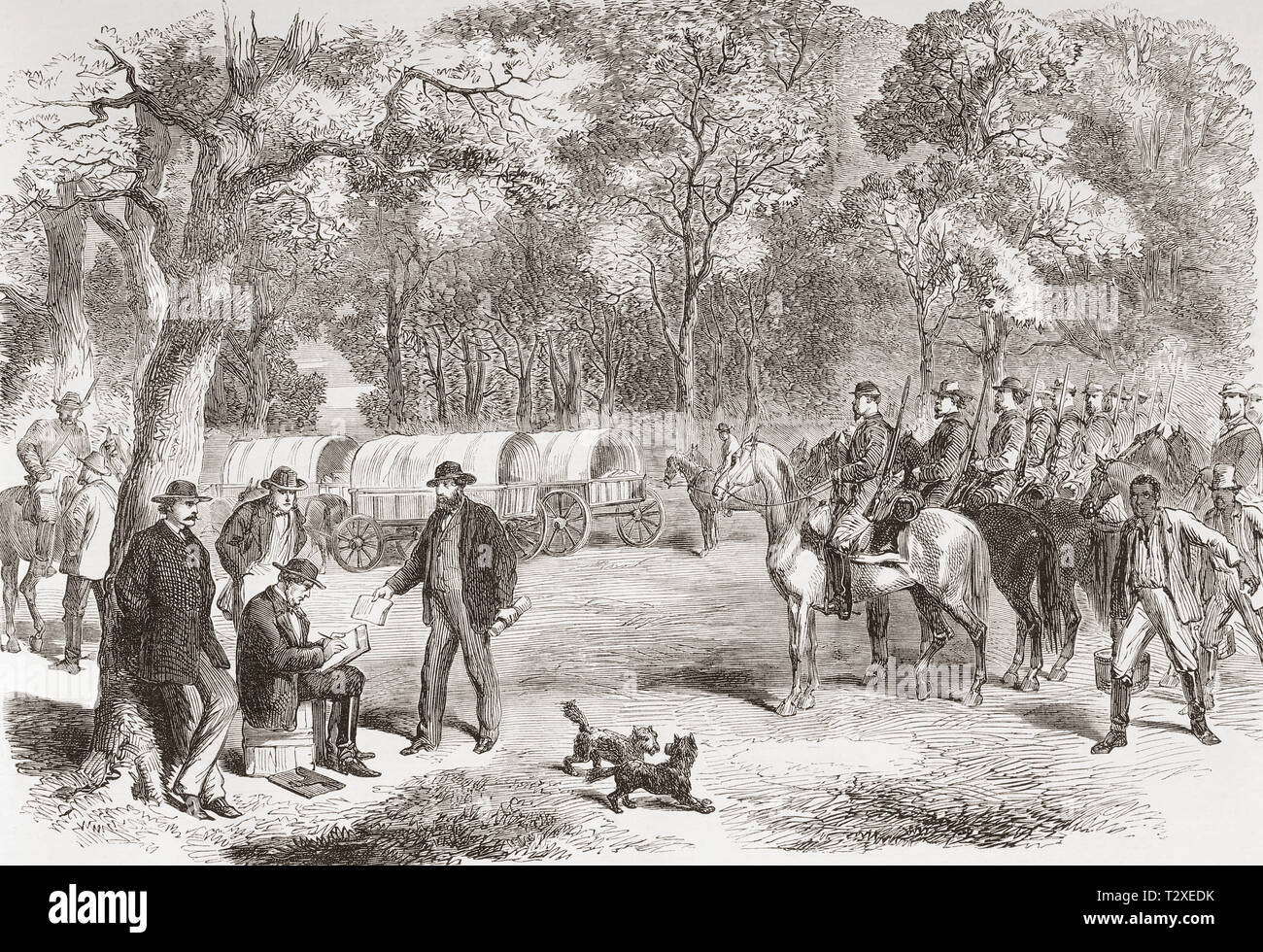 The last days of the Confederate Government, the conclusion of the American Civil War.  Jefferson Davis sat at the roadside, signing papers which his secretary of state Mr. Benjamin is handing to him.  This was possibly the last official business carried out by the Confederate cabinet.  Jefferson Finis Davis, 1808 – 1889. American politician who served as the only President of the Confederate States from 1861 to 1865.  From The Illustrated London News, published 1865. Stock Photo