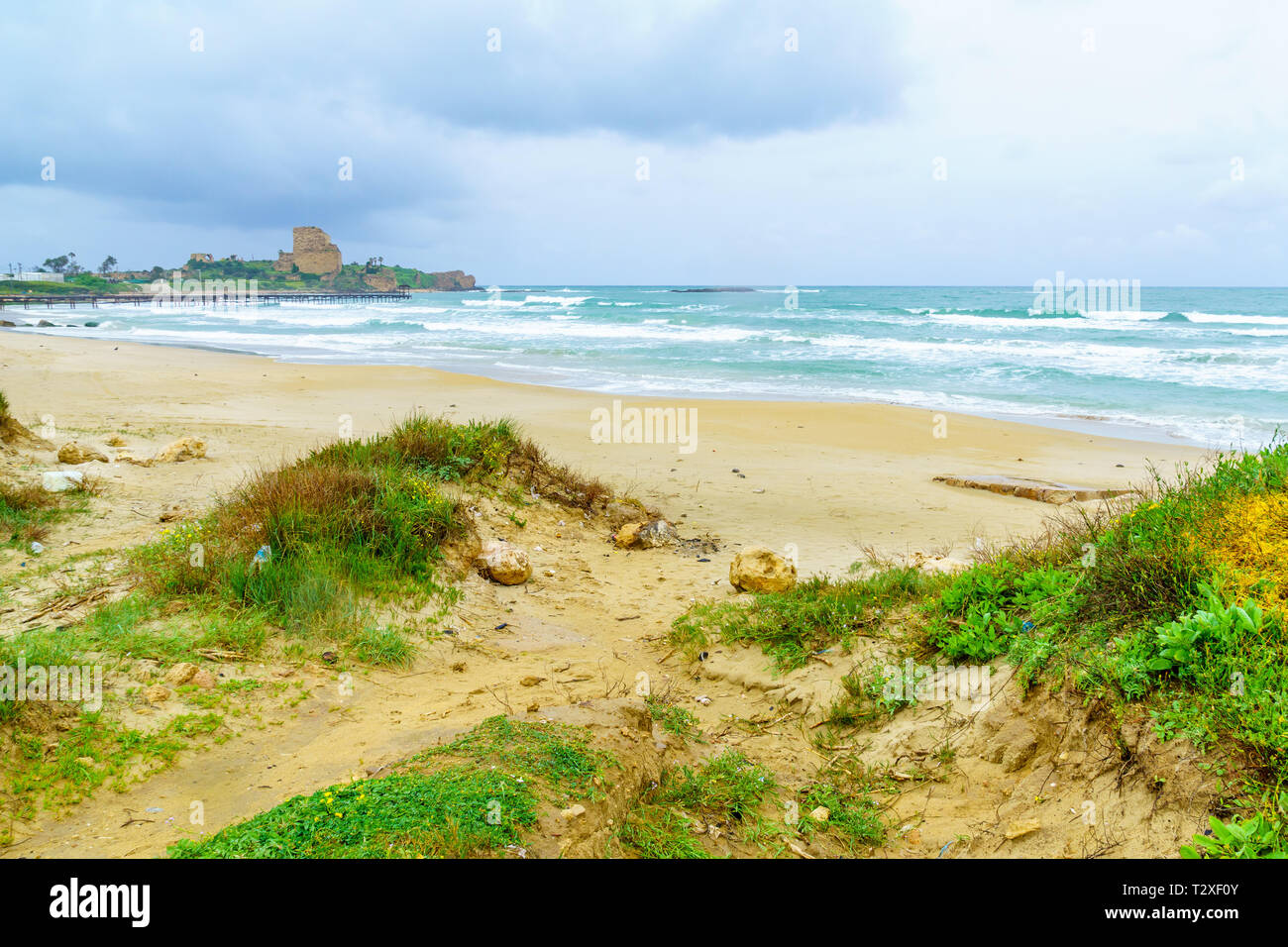 View of the Atlit beach and fortress (Chateau Pelerin), Northern Israel