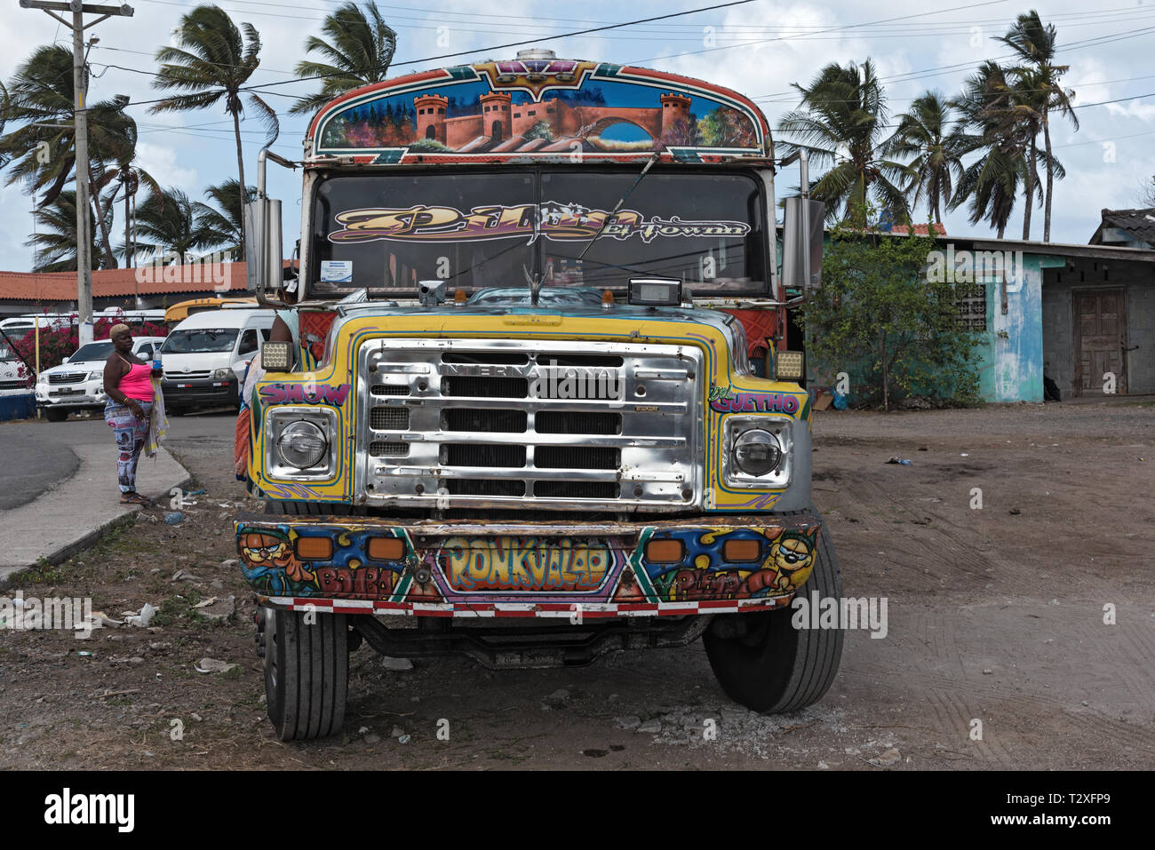 colorful painted chicken bus in puerto lindo panama Stock Photo