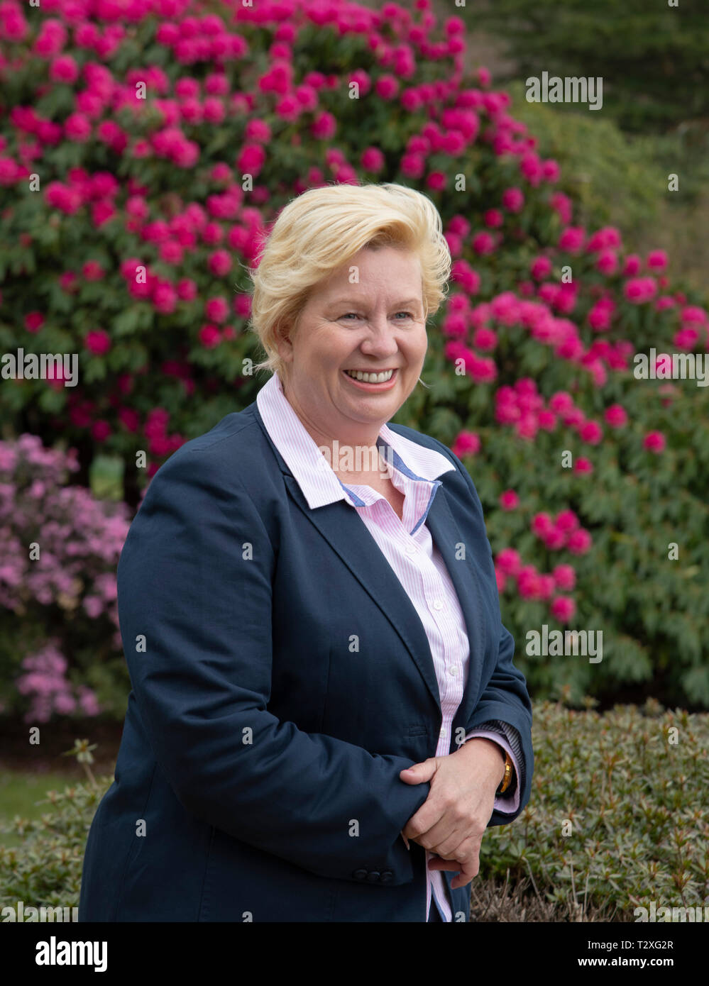 Penny Streeter, the new owner at the press preview before the opening of Leonardslee Garden, Horsham, West Sussex, England Stock Photo