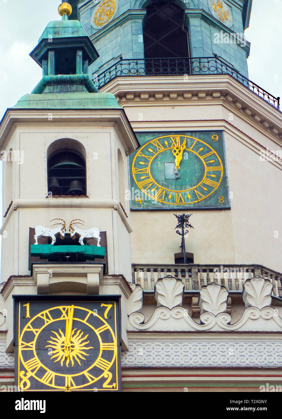 The clock and clock tower on the town hall in the old market place in