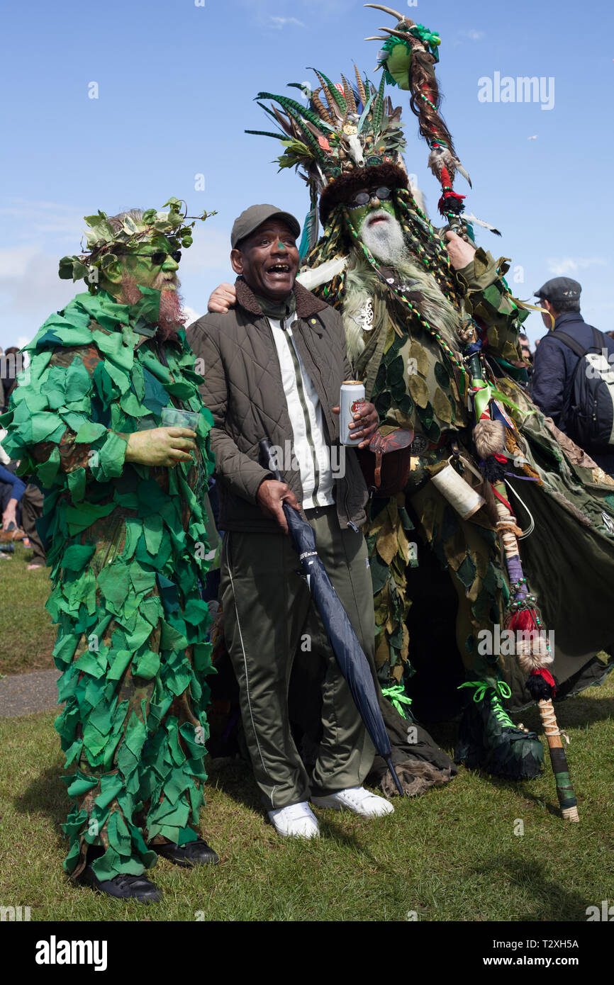 Participants in their fabulous green costumes at Jack in the Green festival during the May Day weekend, West Hill, Hastings, East Sussex, UK Stock Photo