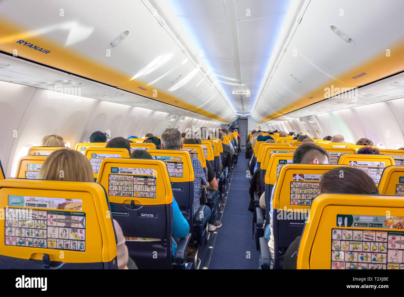 Passengers on an aircraft aeroplane ready for take off on a Ryanair