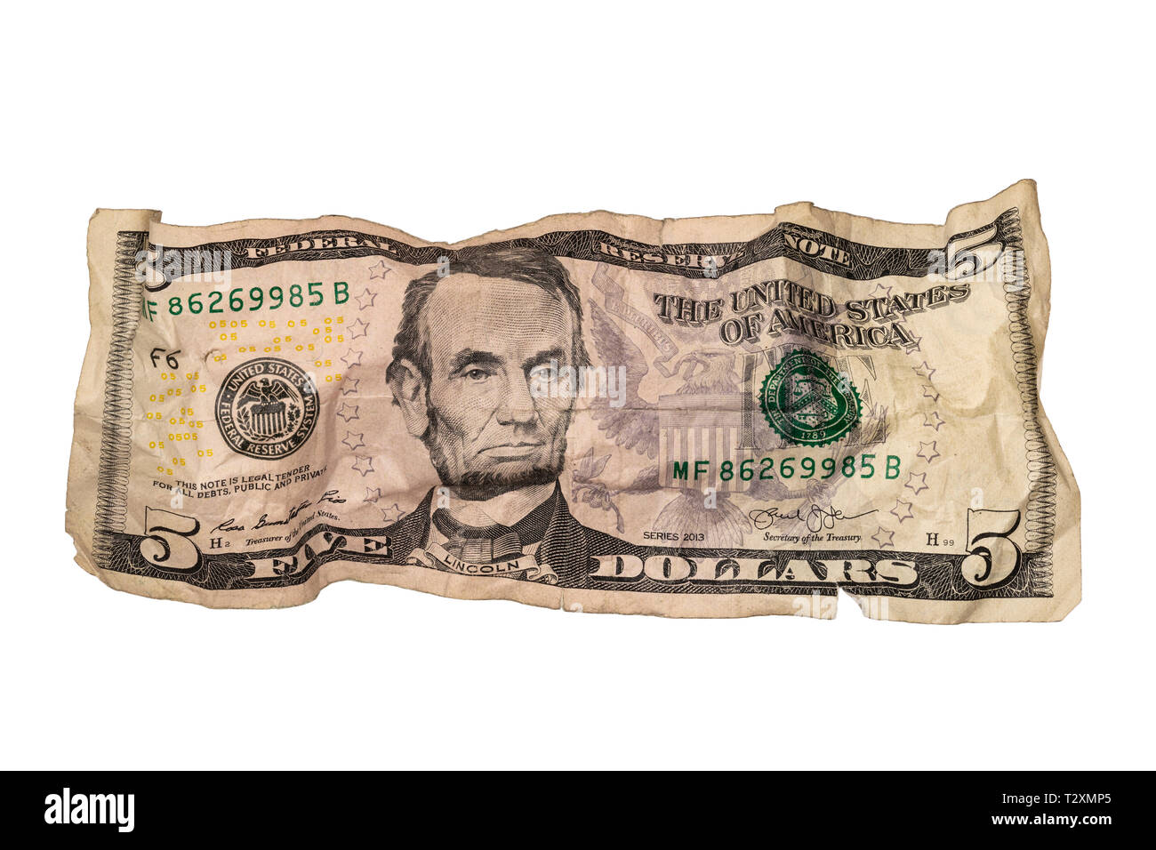 Crumpled Five Dollar Bill Stock Photo