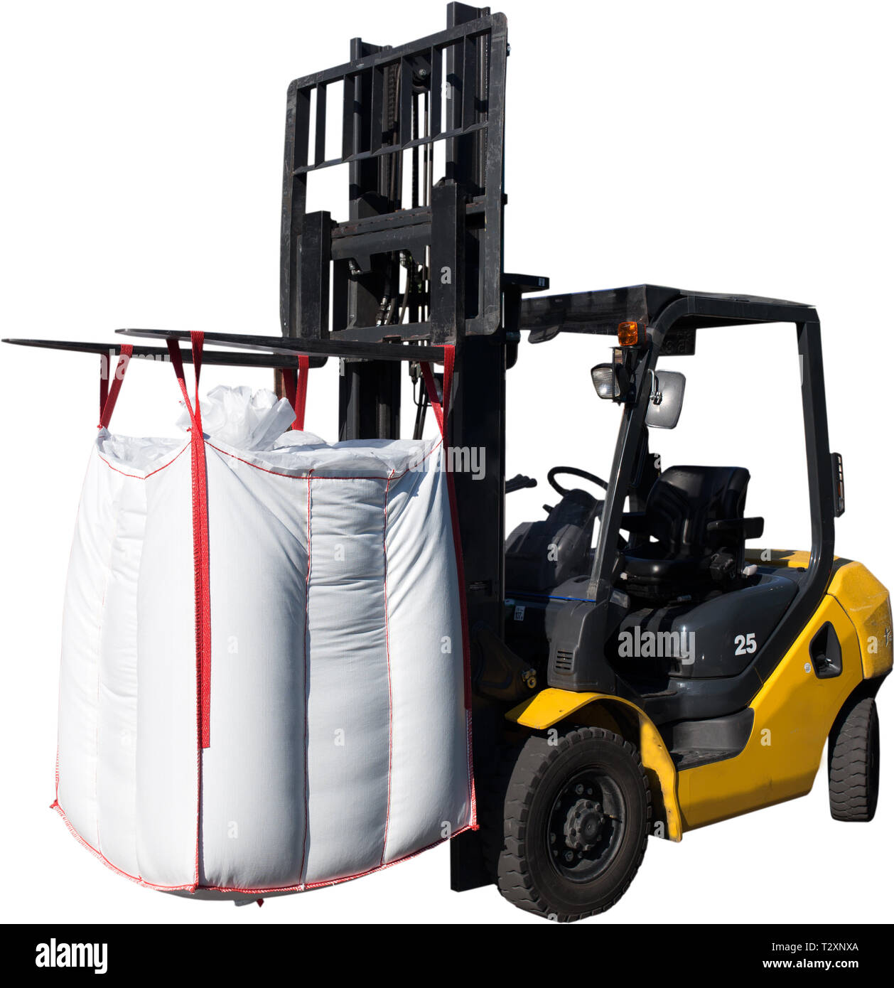 Forklift truck with big bag isolated on white background Stock Photo - Alamy