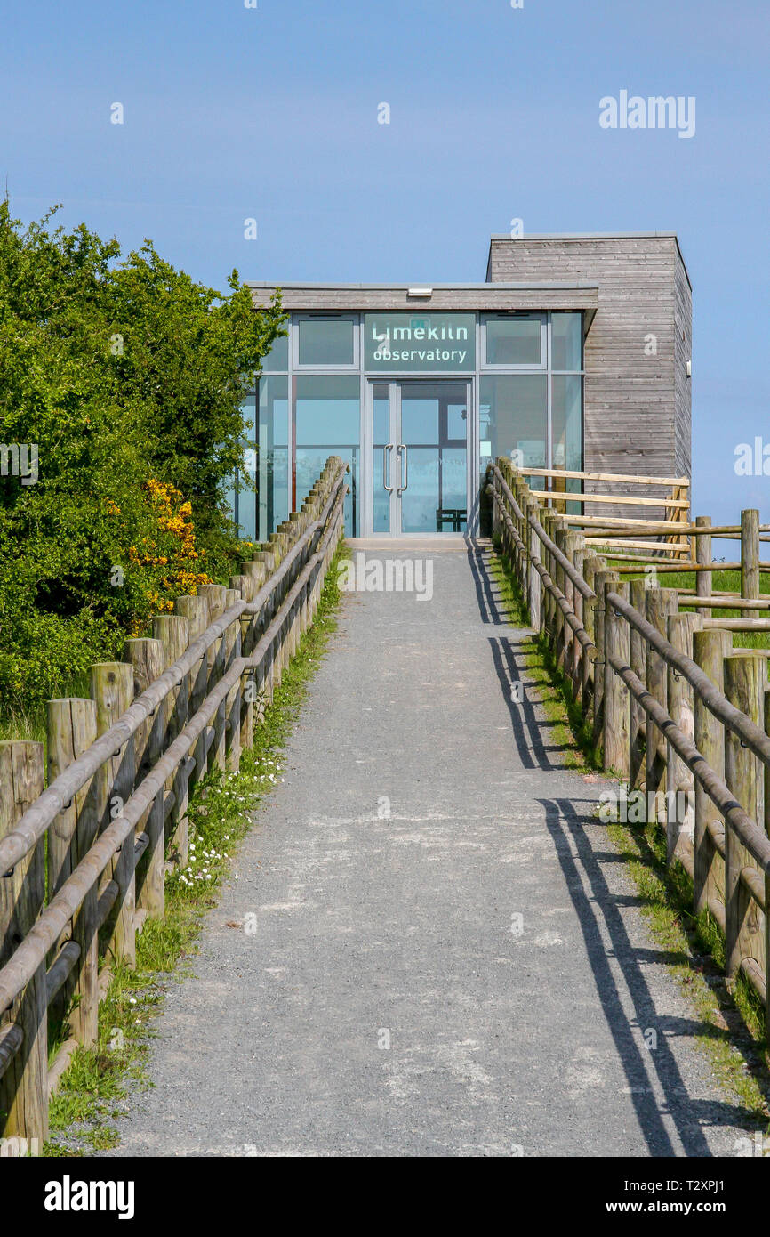 The walkway to the Limestone Kiln Observatory at the Wildfowl Wetlands Trust reserve, Castle Espie reserve, Comber, County Down, Northern Ireland. Stock Photo