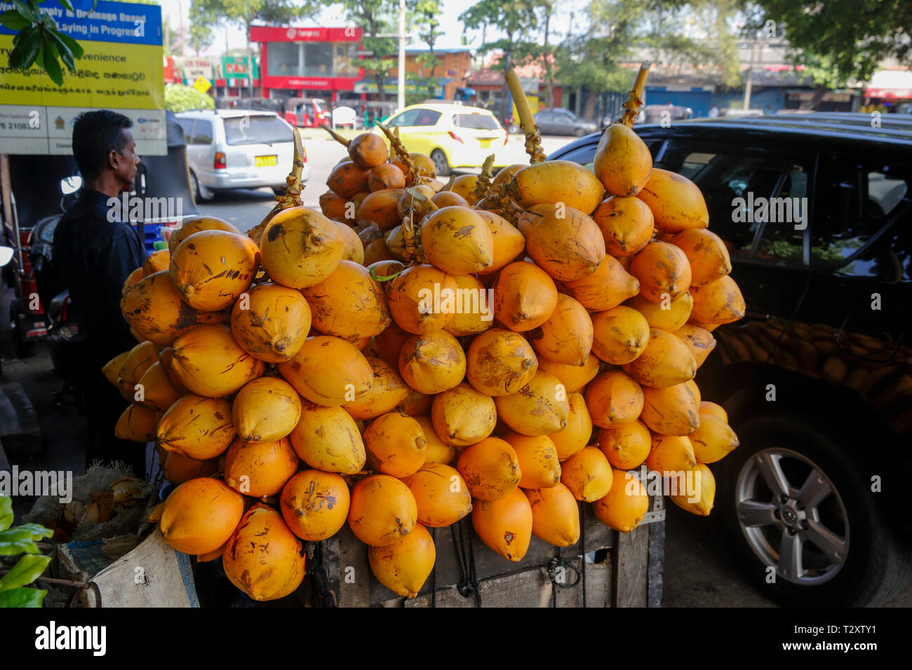 Red King coconuts for sale on the street in Colombo, Sri Lanka Stock Photo