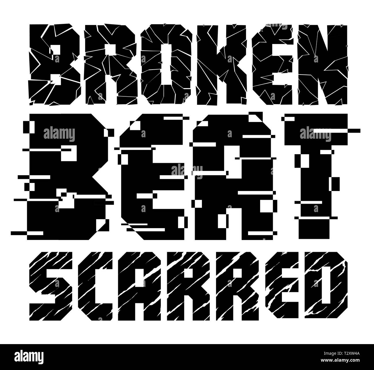Broken Beat Scarred lettering design.  Grunge,  distressed and cut out design illustration for web, t-shirt design, other graphic design use Stock Vector