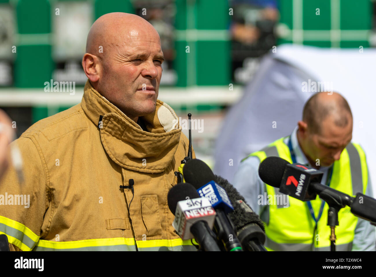 MELBOURNE, AUSTRALIA – APRIL5 : Senior MFB spokesman taking at media conference during a Huge Industrial Factory Fire in Campbellfield, Australia on A Stock Photo