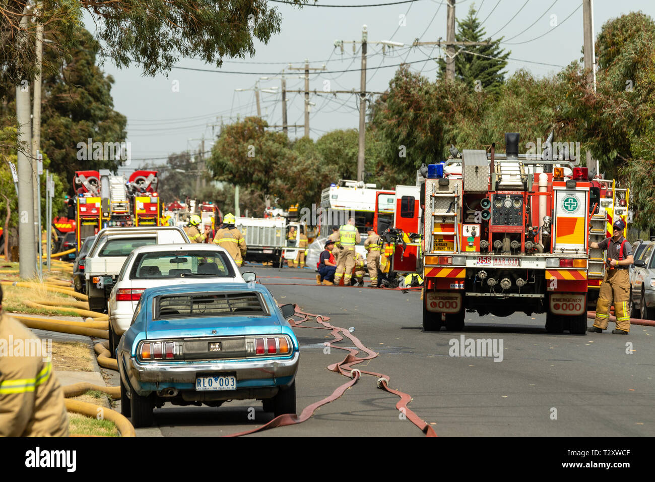 MELBOURNE, AUSTRALIA – APRIL5 : Fire fighting personnel during a Huge Industrial Factory Fire in Campbellfield, Australia on April 05 2019. Stock Photo