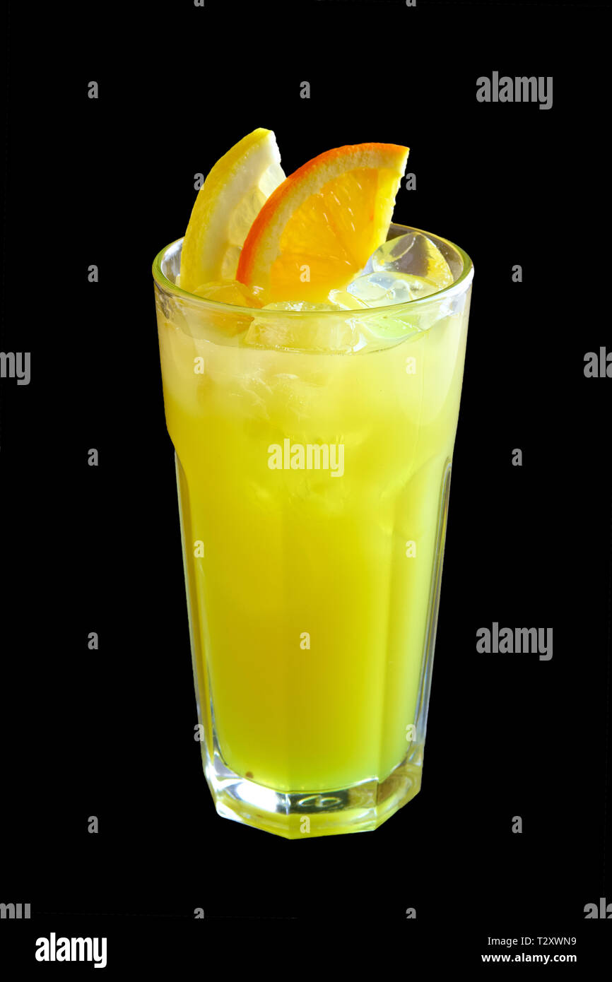 Glass of kiwi and lemon lemonade isolated on black Stock Photo