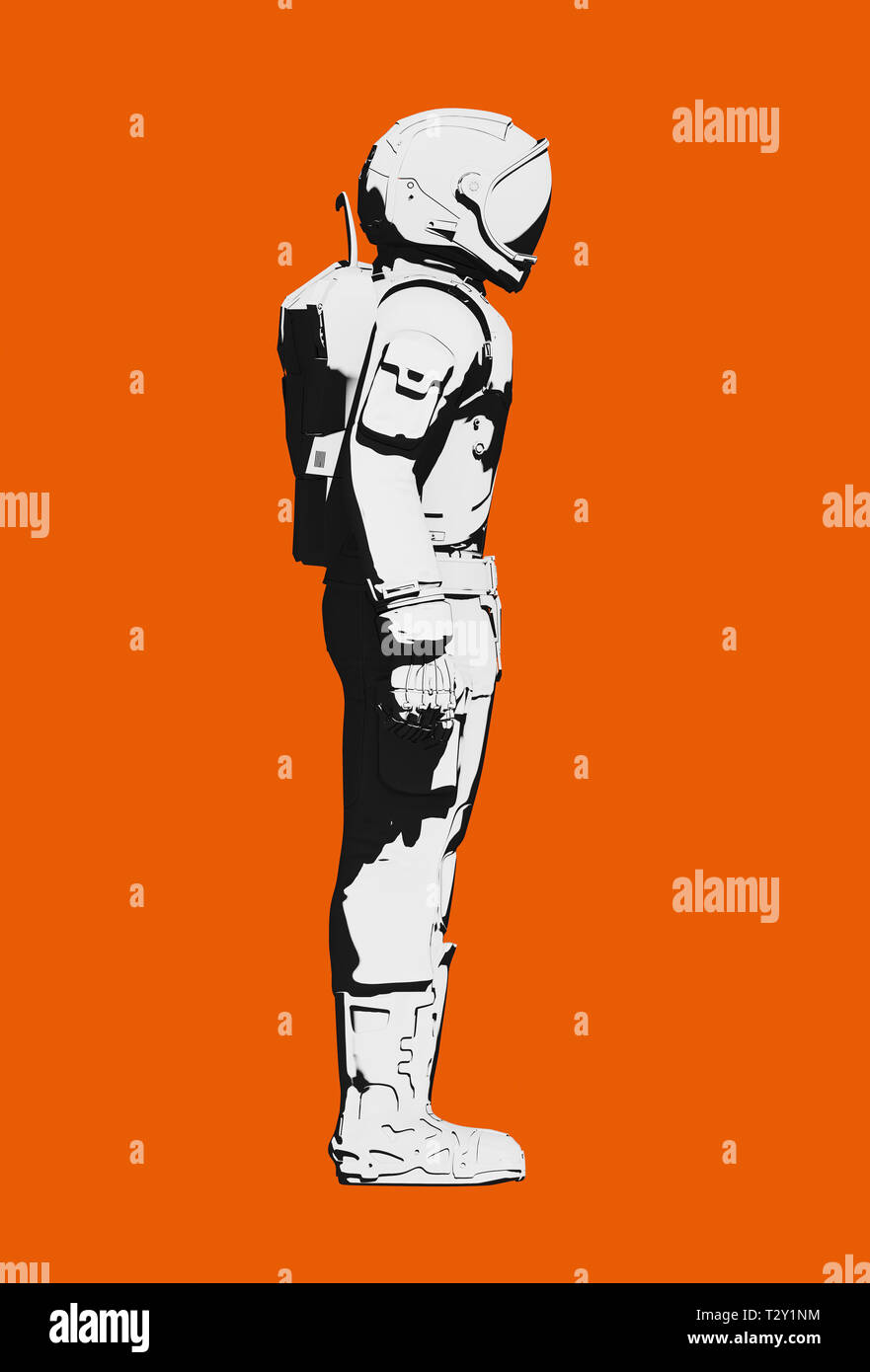 Black and white astronaut  functional extravehicular activity space suit on orange background. Front view close up, line art rendering digital illustr Stock Photo