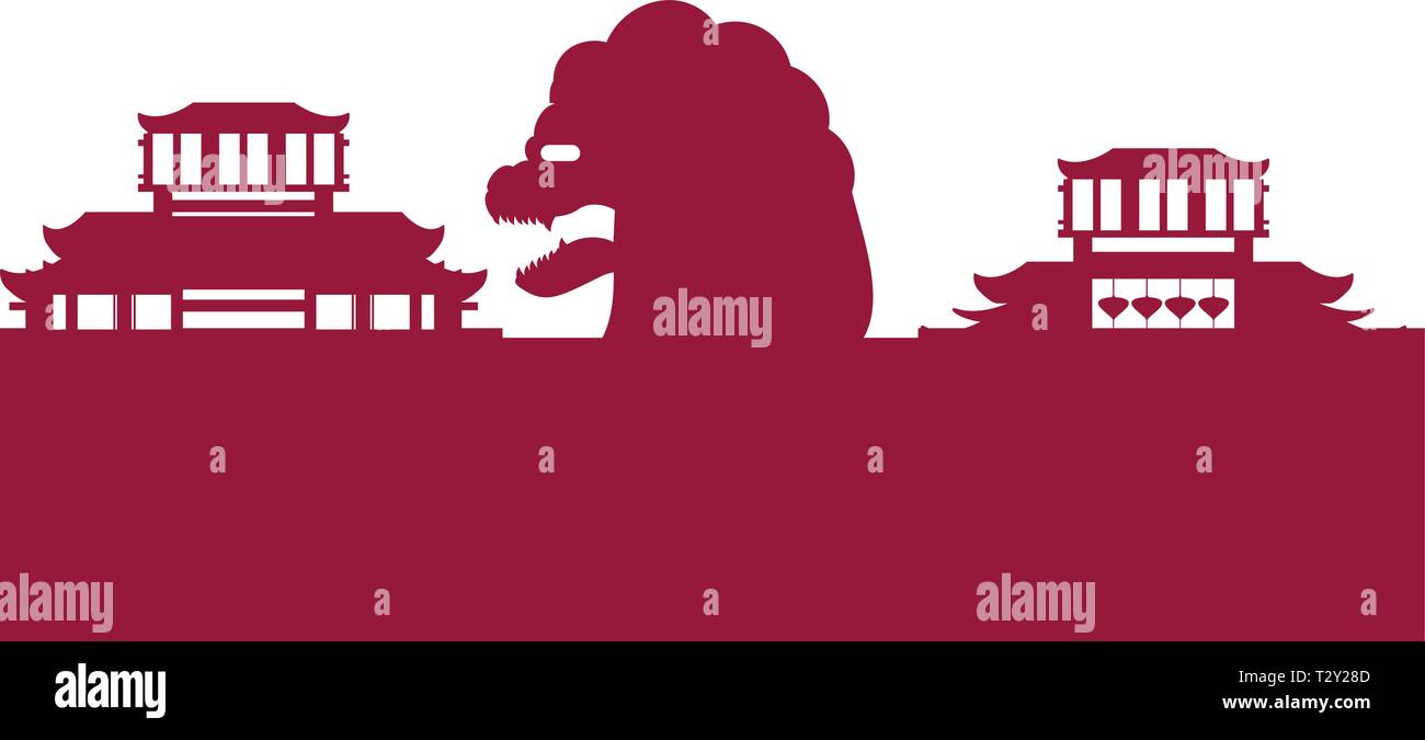 chinese lion statue with buildings vector illustration design Stock Vector