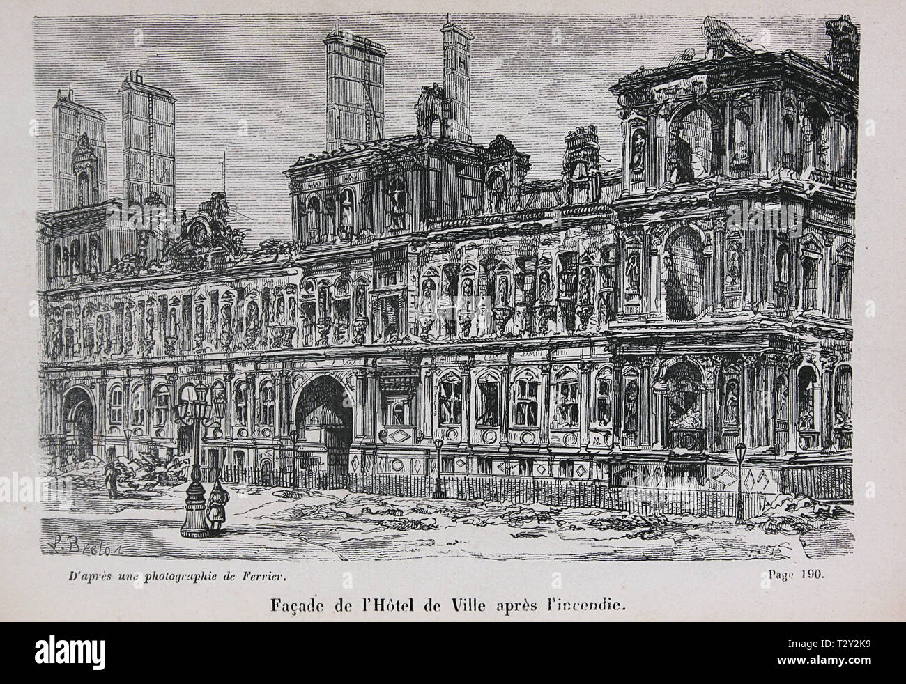 The facade of the Hotel de Ville in Paris after the fire during the Paris Commune 1871. Engraving after a photograph. Stock Photo