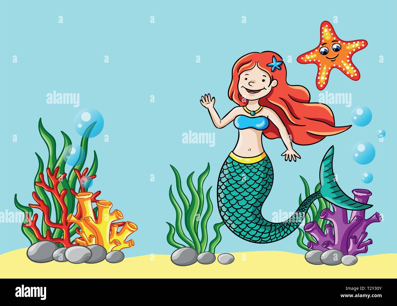 Vector illustration of young mermaid in the sea. Stock Vector