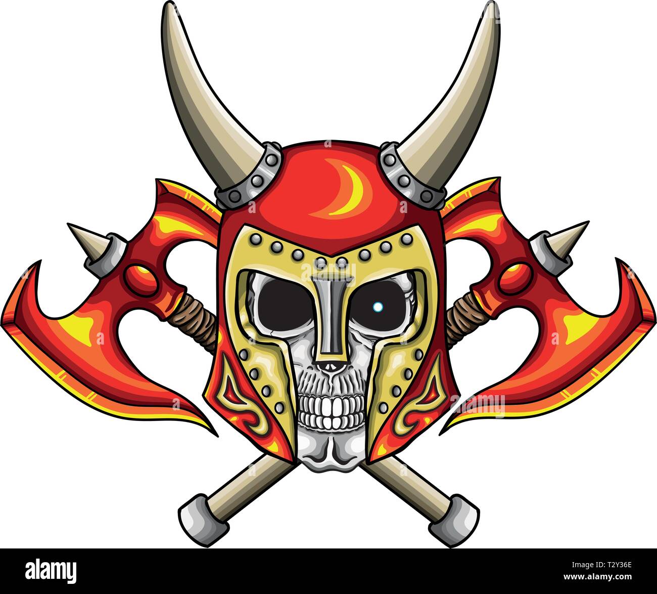 Vector illustration of warrior undead skull  with fantastic medieval red helmet. Stock Vector