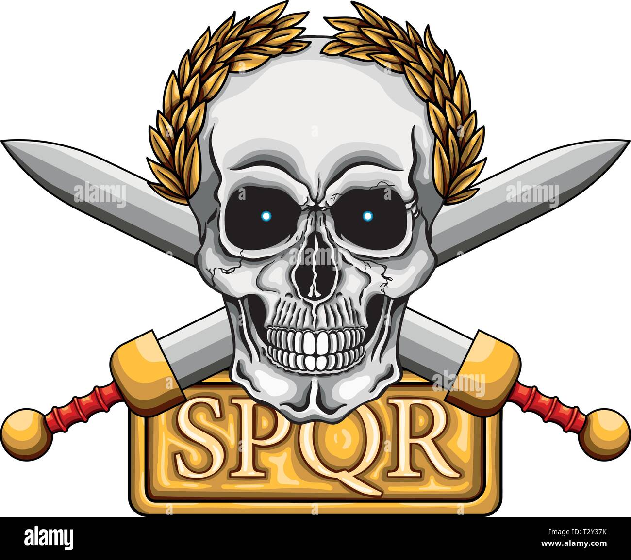 Vector illustration of human skull with golden laurel crown, two roman swords and board with word SPQR, the classic roman empire acronym that means 's Stock Vector