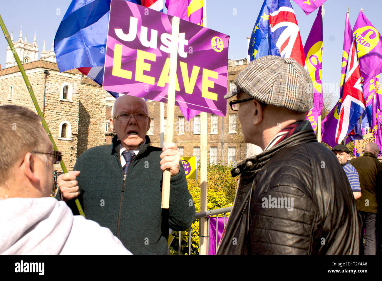 Man holding a pro Brexit poster in a public demonstration in London Stock Photo