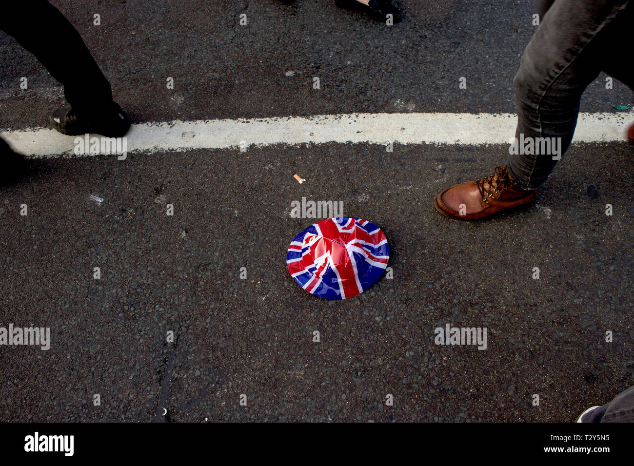 Pro-Brexit demonstration - British hat on the floor Stock Photo