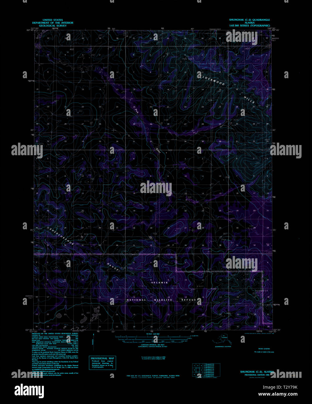 USGS TOPO Map Alaska AK Shungnak C-2 359048 1985 63360 Inverted Restoration Stock Photo