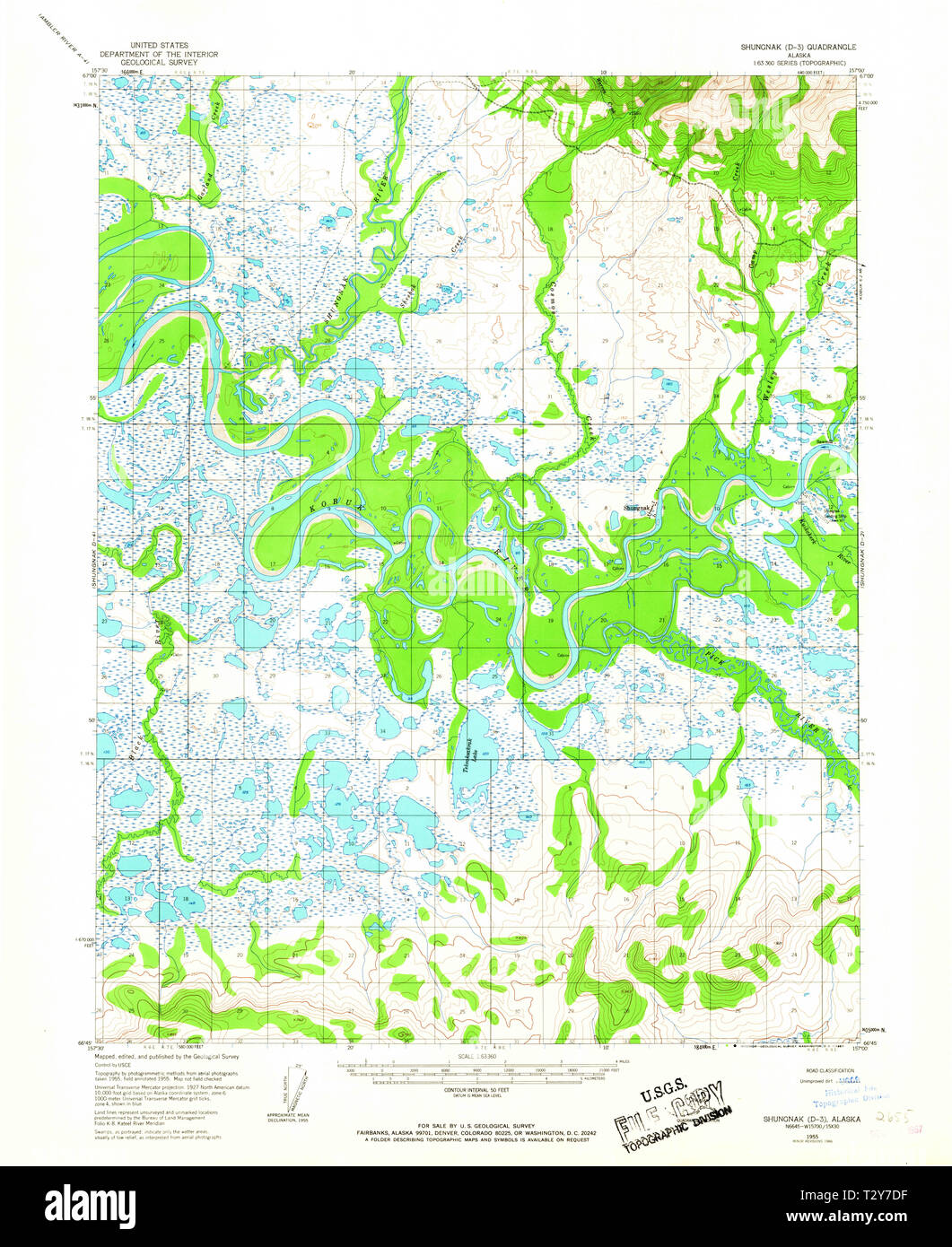 USGS TOPO Map Alaska AK Shungnak D-3 359058 1955 63360 Restoration Stock Photo