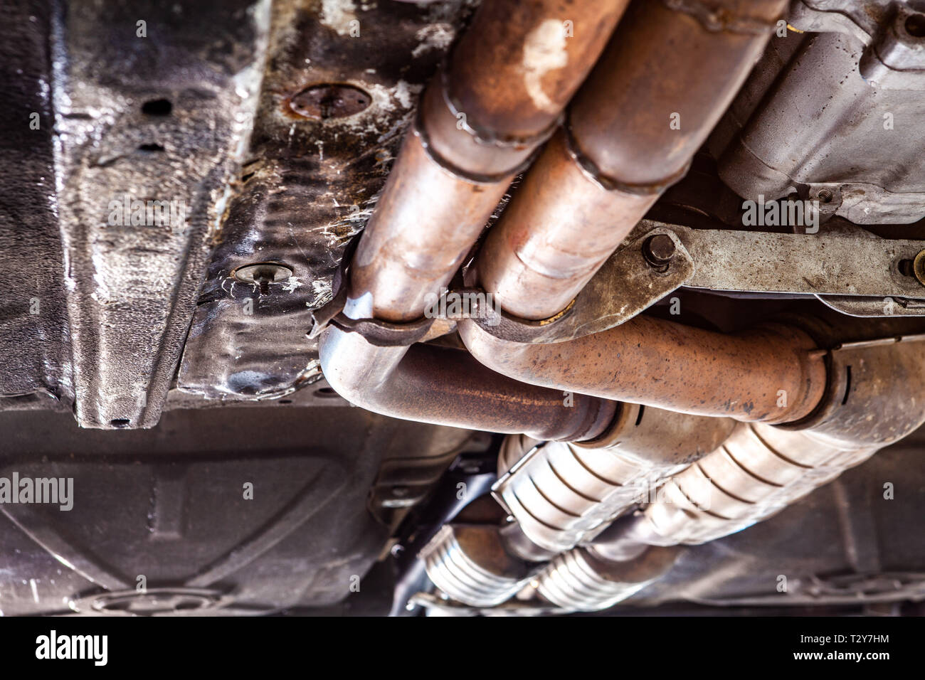 Car exhaust pipes during car inspection closeup Stock Photo Alamy