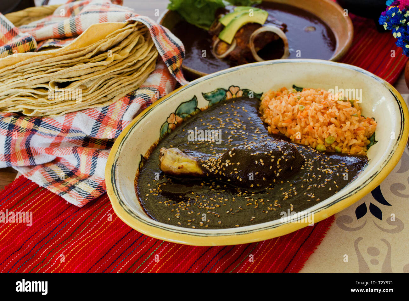 Mole Poblano Traditional Mexican Food with Chicken in Mexico Stock Photo