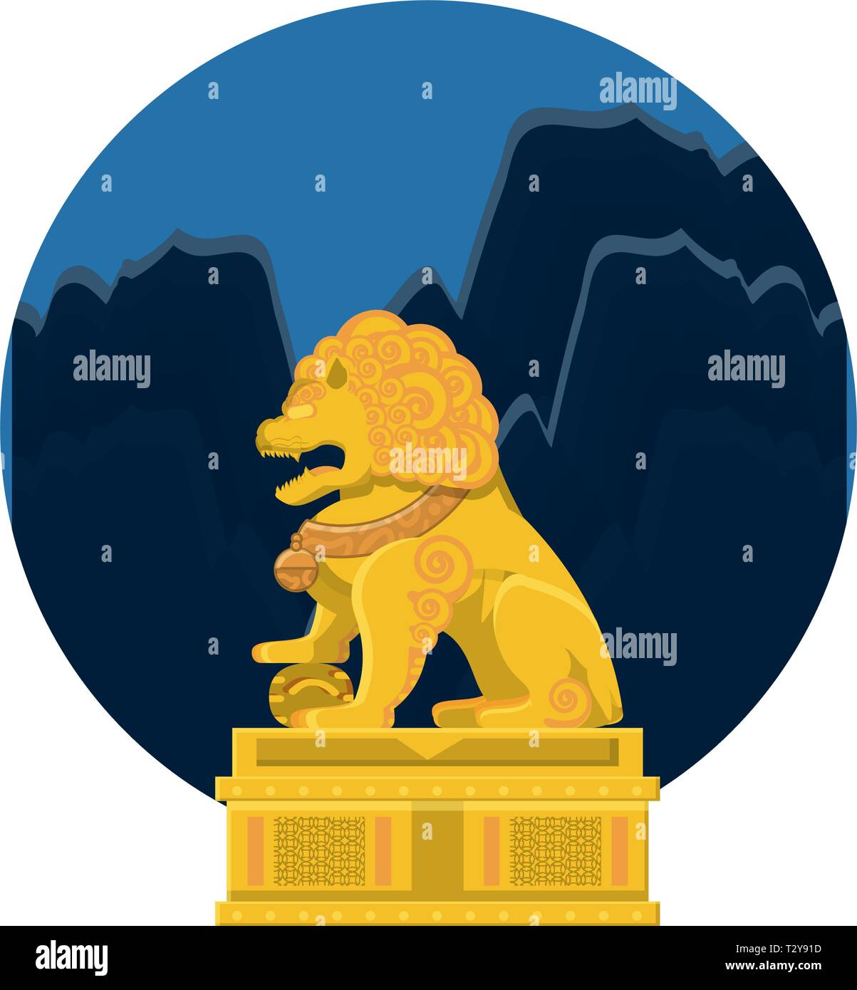 chinese lion statue in gold with night landscape vector illustration design Stock Vector