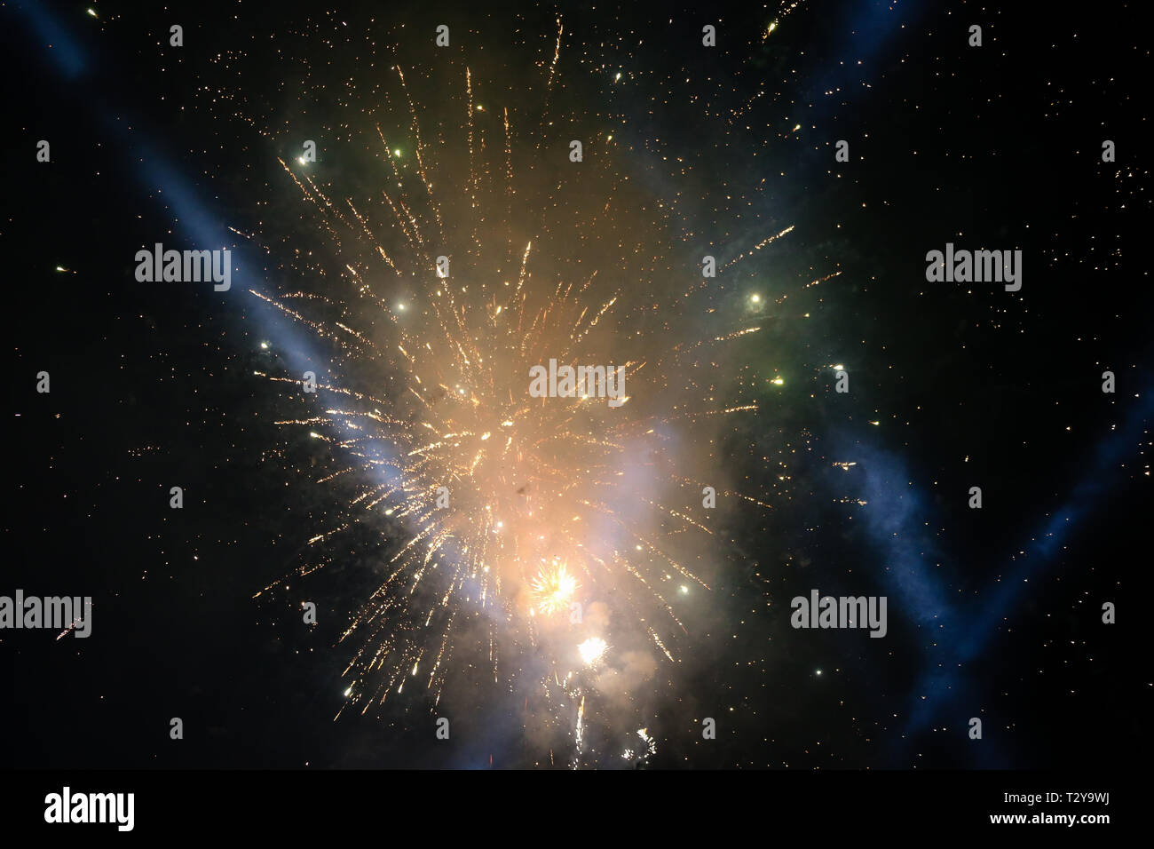 Eve Fireworks at Night Stock Photo