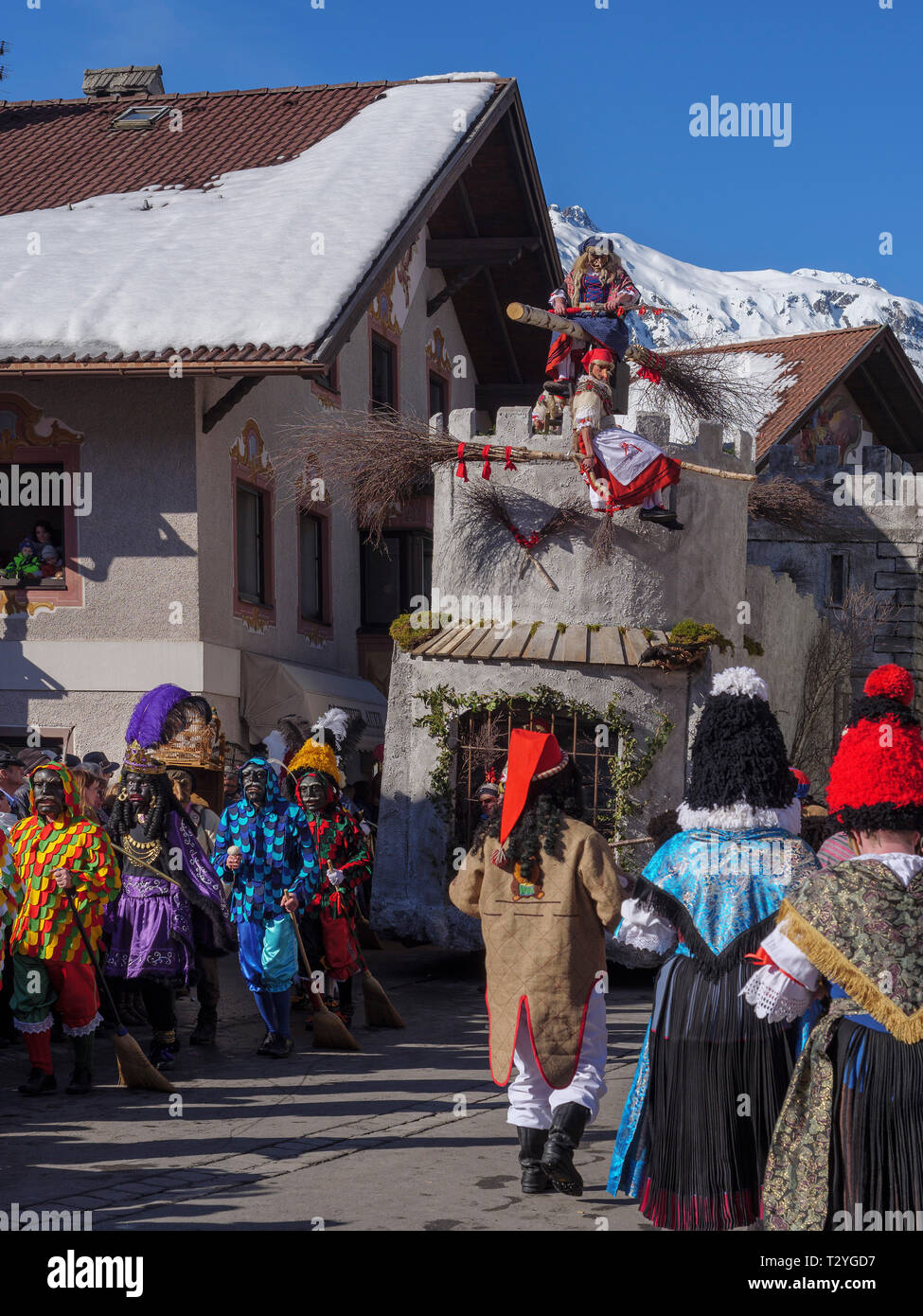 float of the witches, parade of  Nassereither Schellerlauf-Fasnacht, Nassereith, Tyrol, Austria Europe, Intangible World Heritage Stock Photo