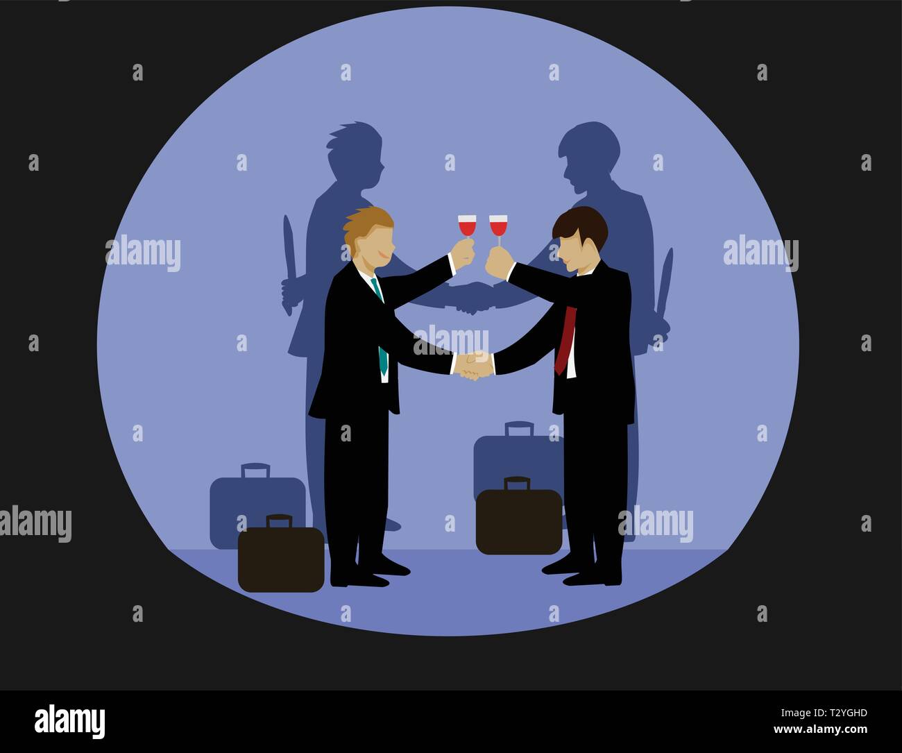 Businessmen are holding hands and drinking wine. But the shadow on both sides of his hand holds a knife,black background Stock Vector