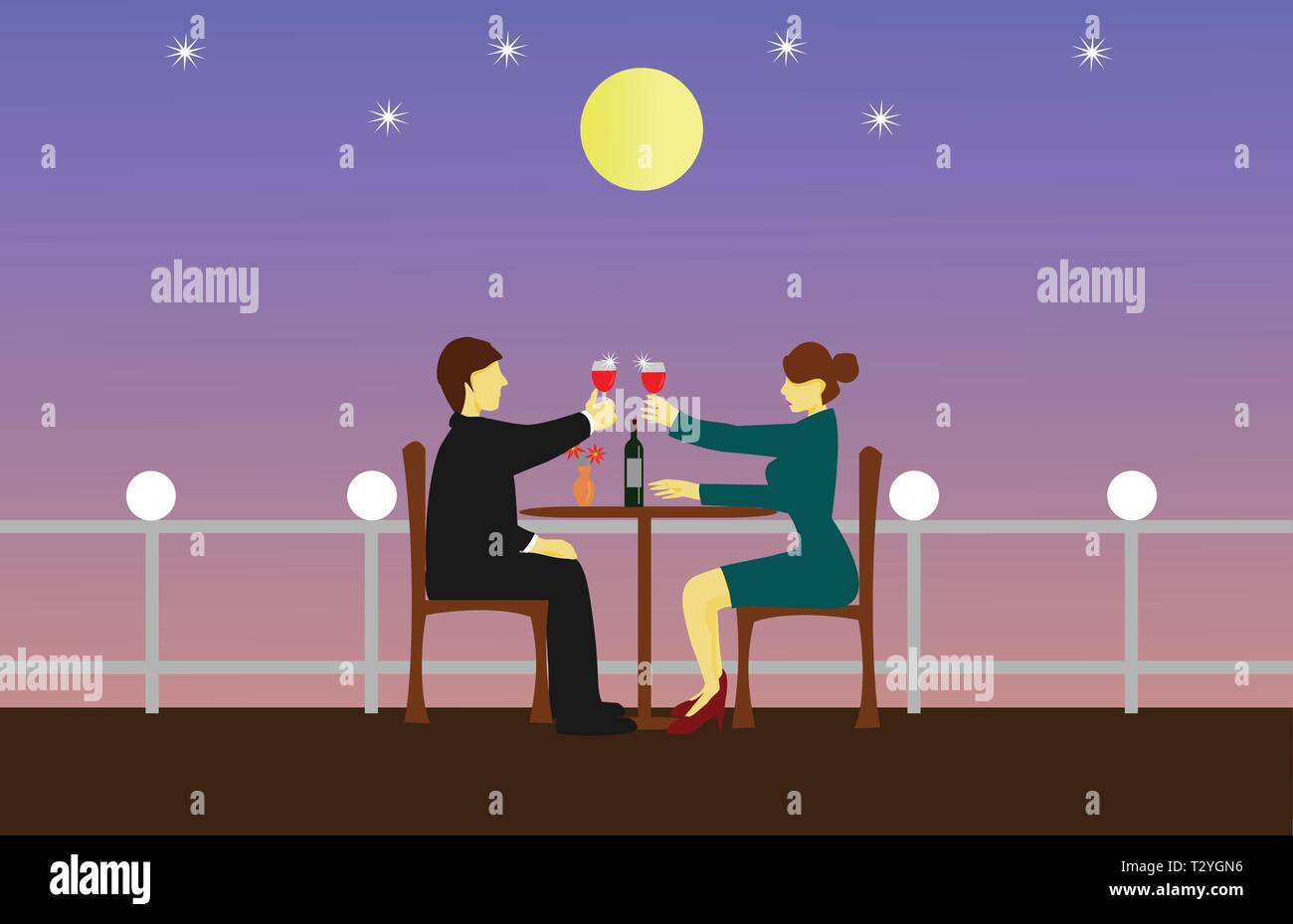 Couples are sipping wine on a wooden table. The rooftop has a moon as the background. Stock Vector