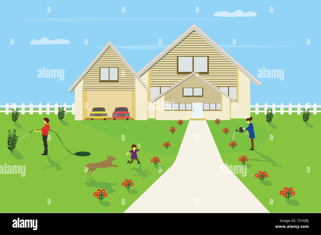 Family are happy  in front yard with white fence surrounded blue sky background Stock Vector