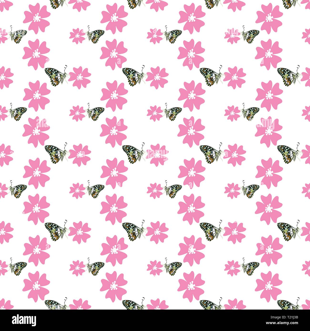 seamless pattern with pink flower and butterfly on white background ...