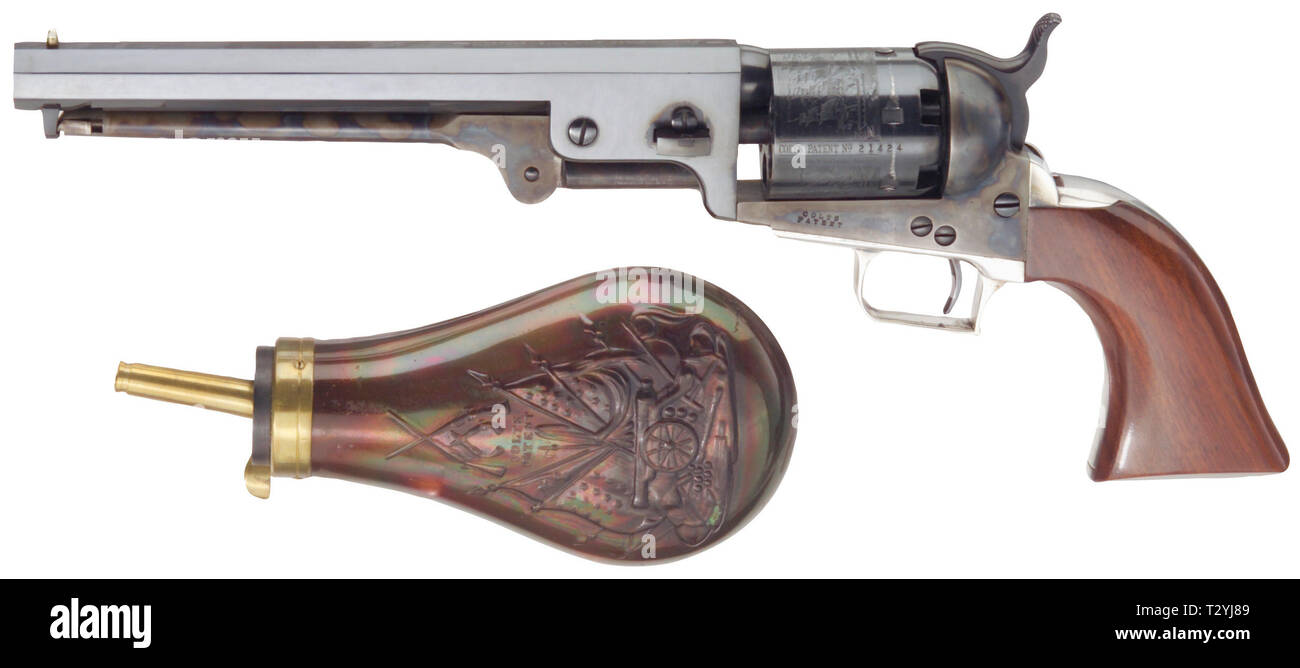 Colt Mod. 1851 Navy,engraved,silver plating,cased,postwar,cal..36,no.  16337. Matching numbers. Octagonal barrel,bright bore,length 7-1/2. Six  shots. Manufactured in 1975. Firm address on barrel,on frame marked Colts  Patent. On cylinder roll