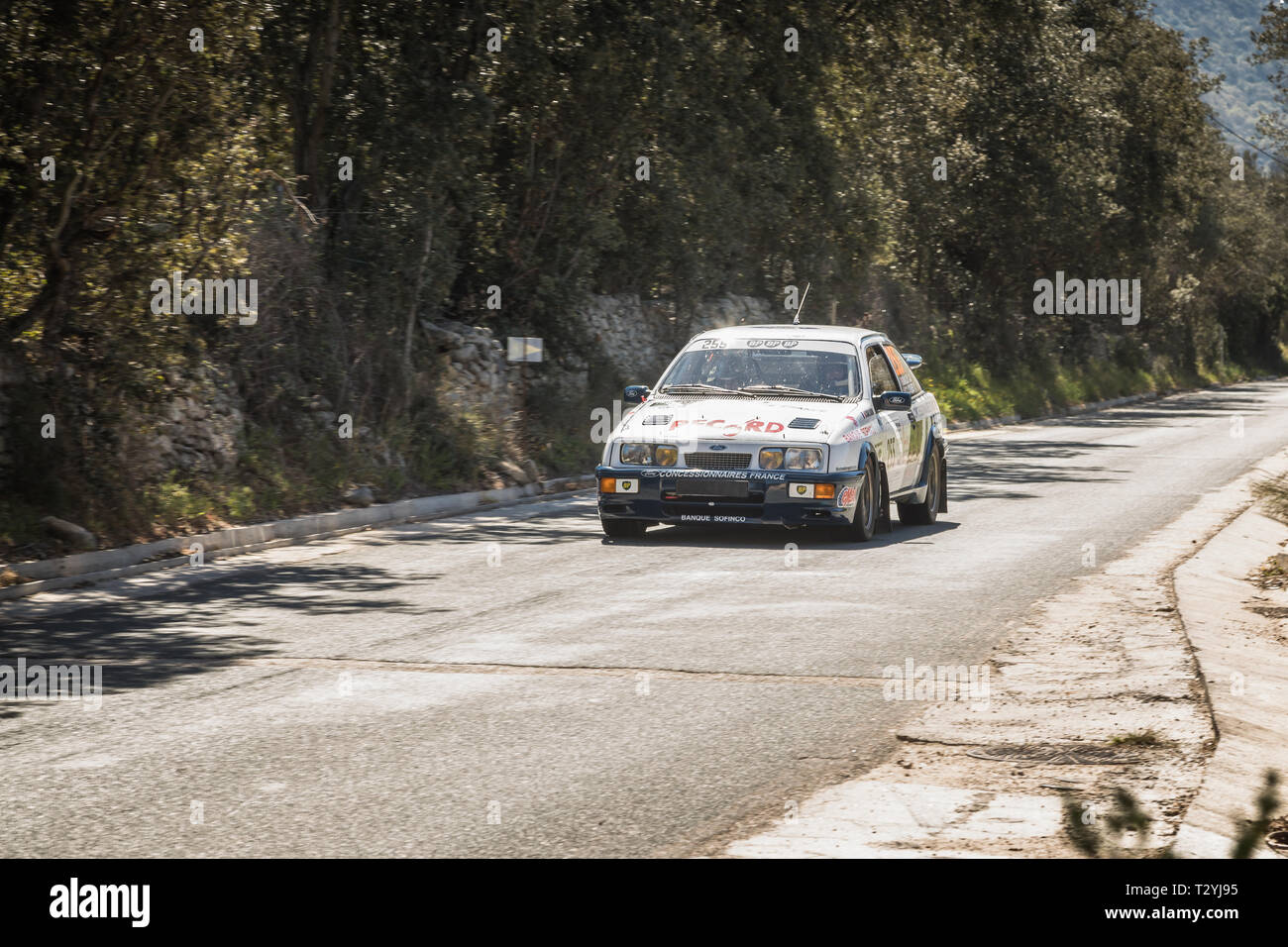 Regino, Corsica - 31st March 2019. J. Bally & V. Closier compete in Special Stage SS13 between Regino and Montemaggiore in Corsica in the 2019 Tour de Stock Photo