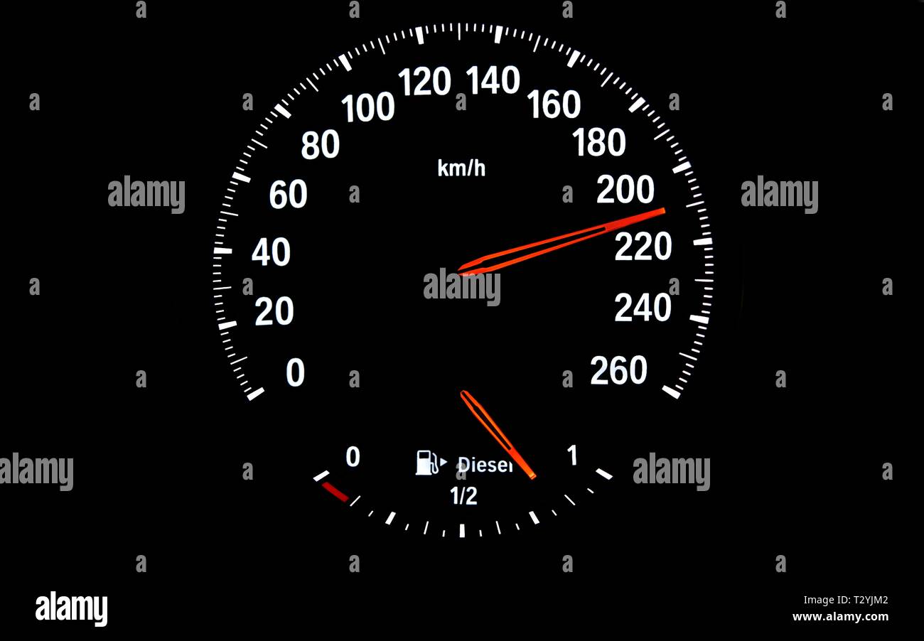 Speedometer with fuel gauge for diesel, speed 210 km/h, symbol image danger due to excessive speed, too fast driving, Germany Stock Photo