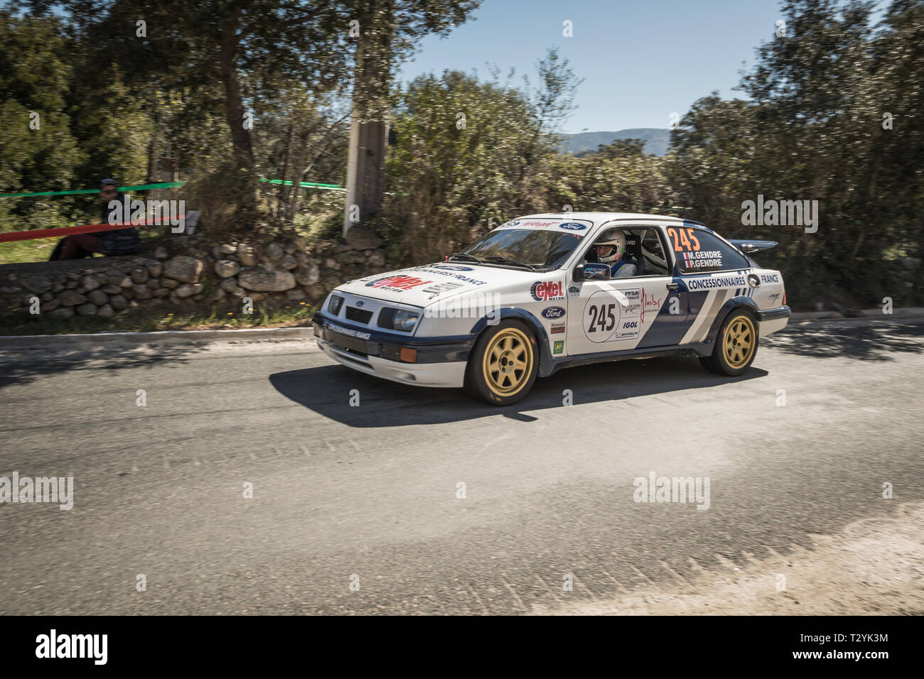 Regino, Corsica - 31st March 2019. M. Gendre & P. Gendre compete in Special Stage SS13 between Regino and Montemaggiore in Corsica in the 2019 Tour de Stock Photo