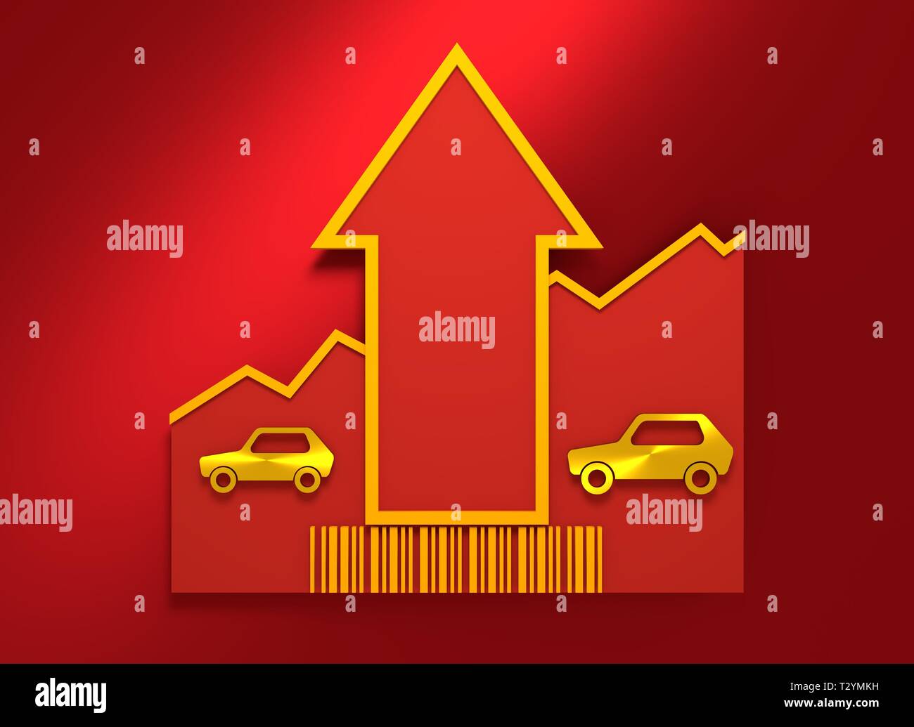 Car i icon and rise up arrow. Growth diagram and bar code. 3D rendering ...