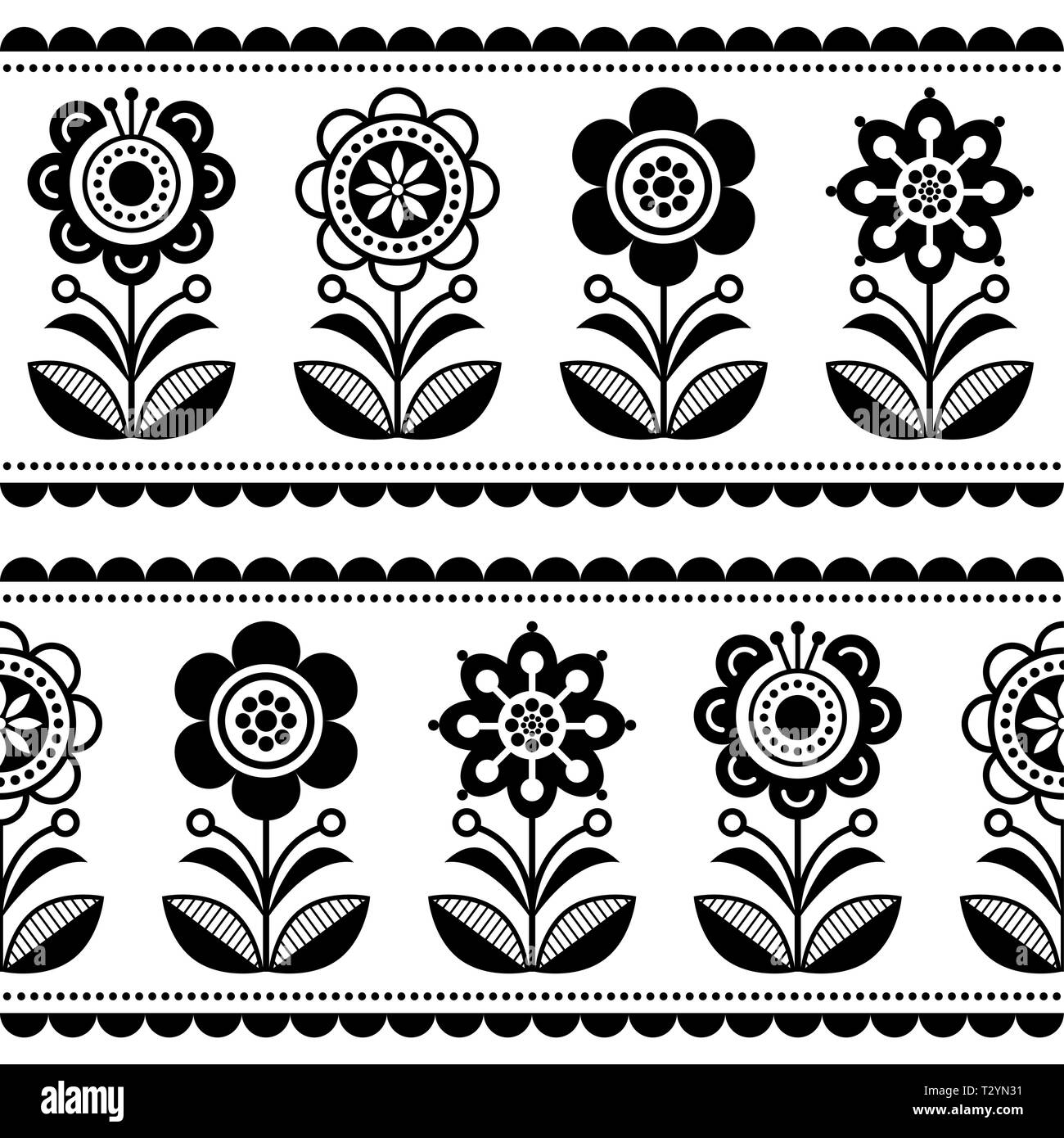 Scandinavian seamless folk art vector pattern with flowers and hearts