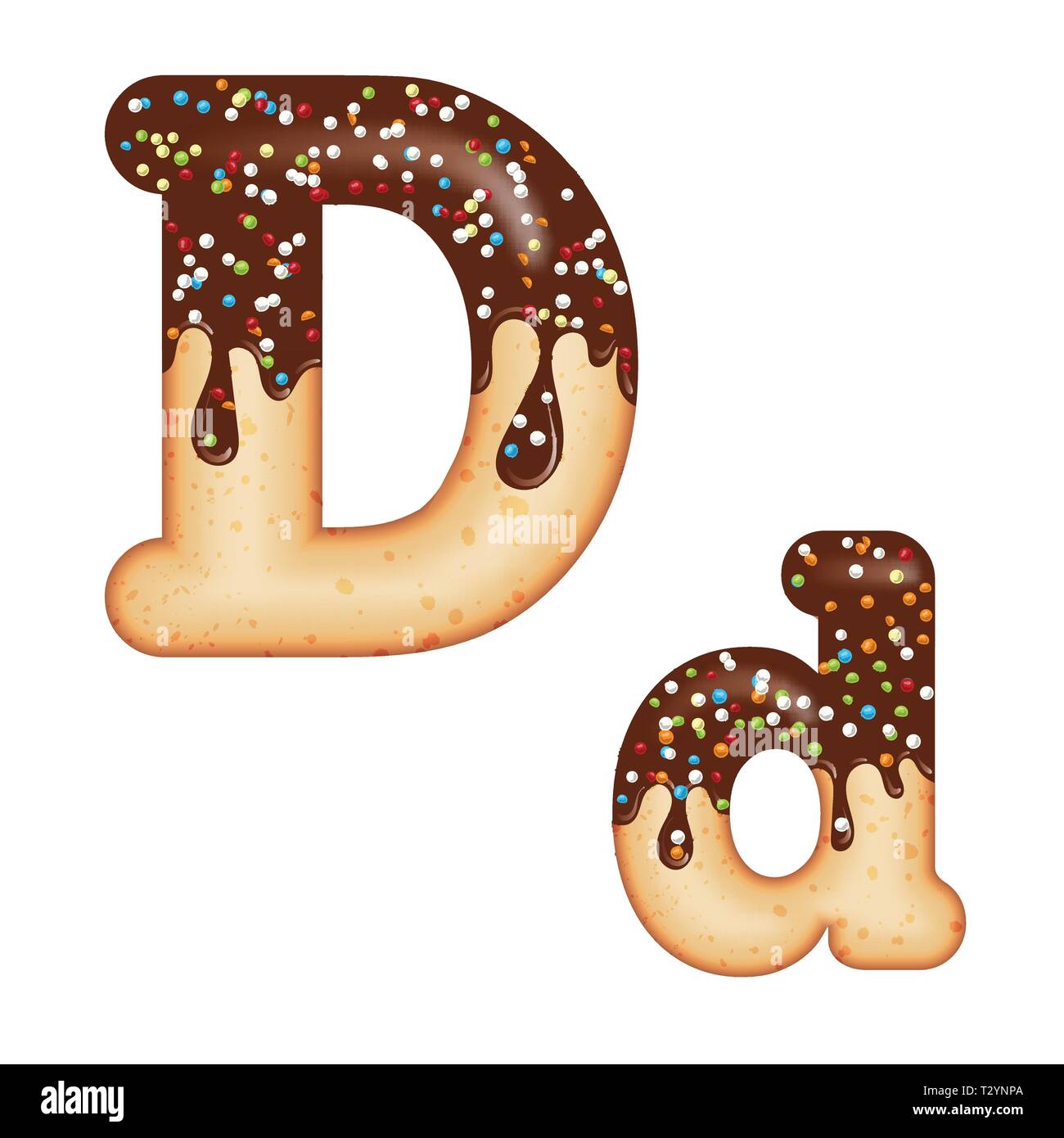 Tempting typography. Font design. Icing letter. Sweet 3D donut  letter D glazed with chocolate cream and candy. Vector Stock Vector