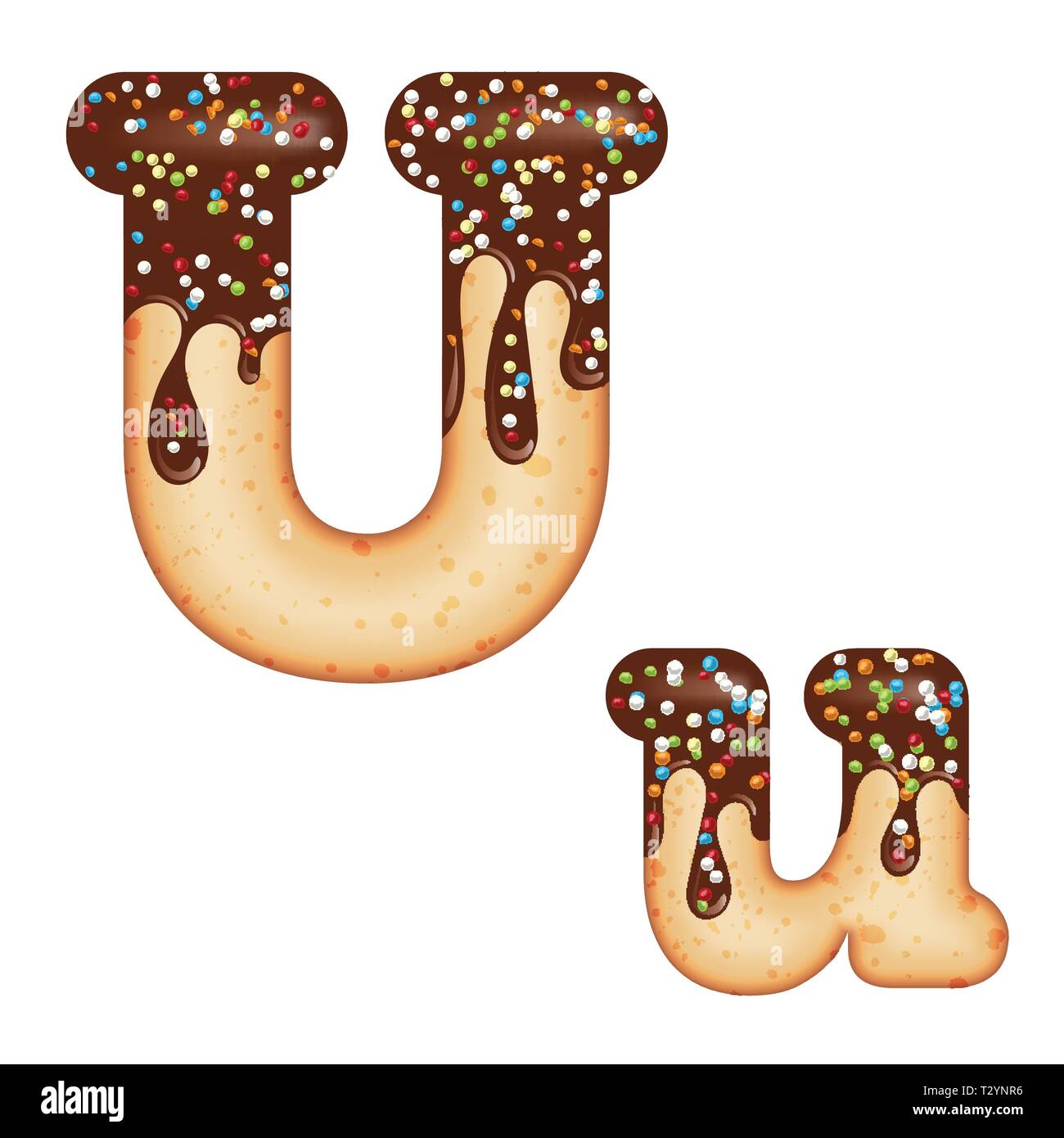 Tempting typography. Font design. Icing letter. Sweet 3D donut  letter U glazed with chocolate cream and candy. Vector Stock Vector