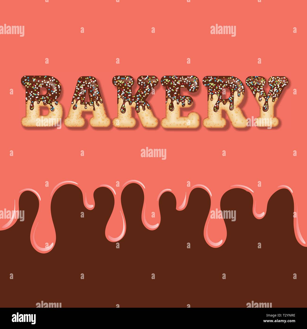 Tempting  typography. Icing text. Word  'bakery' glazed with chocolate and candy. Donut letters. Vector Stock Vector