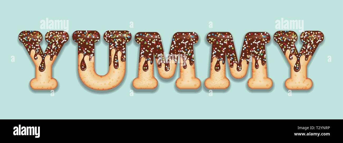 Tempting  typography. Icing text. Word  'yammy' glazed with chocolate and candy. Donut letters. Vector Stock Vector