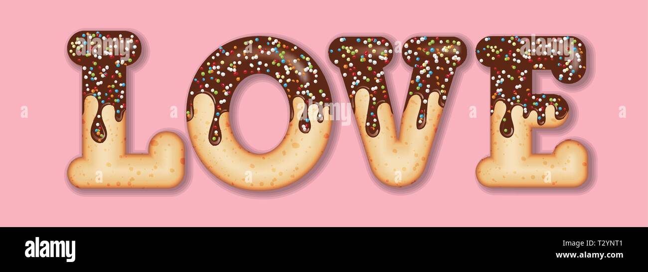 Tempting  typography. Icing text. Word  'love' glazed with chocolate and candy. Donut letters. Vector Stock Vector